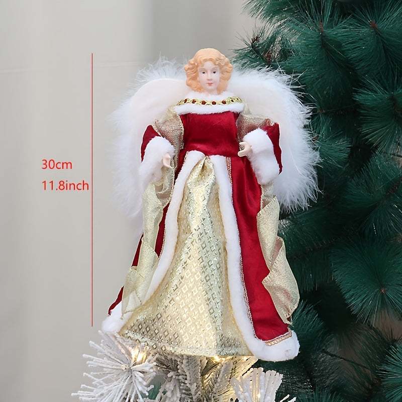 Classic angel Christmas tree topper with red and gold fabric dress and white feather wings, 30cm tall, holiday decor for home and office