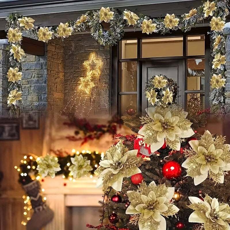 20pcs glitter poinsettia artificial flowers decorating Christmas wreaths, garlands, and tree outdoors