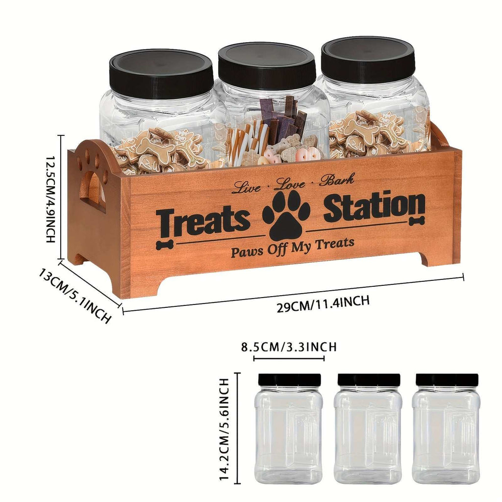Wooden Pet Treat Station with 3 plastic jars for dog and cat food storage organizer