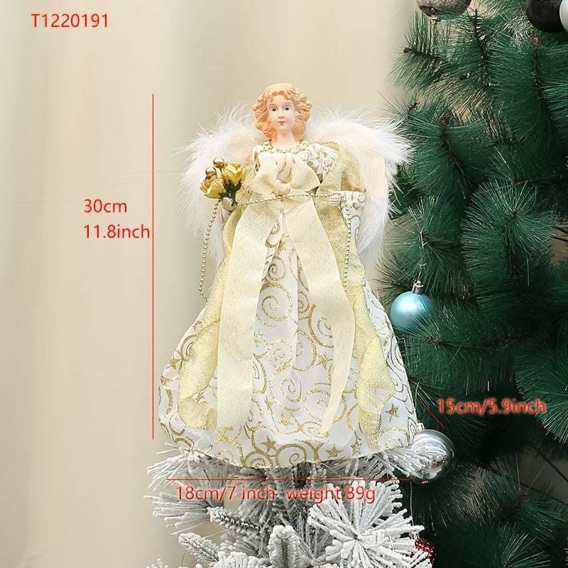 Christmas tree topper angel with gold and white fabric dress and feather wings, 30cm tall, classic holiday decor