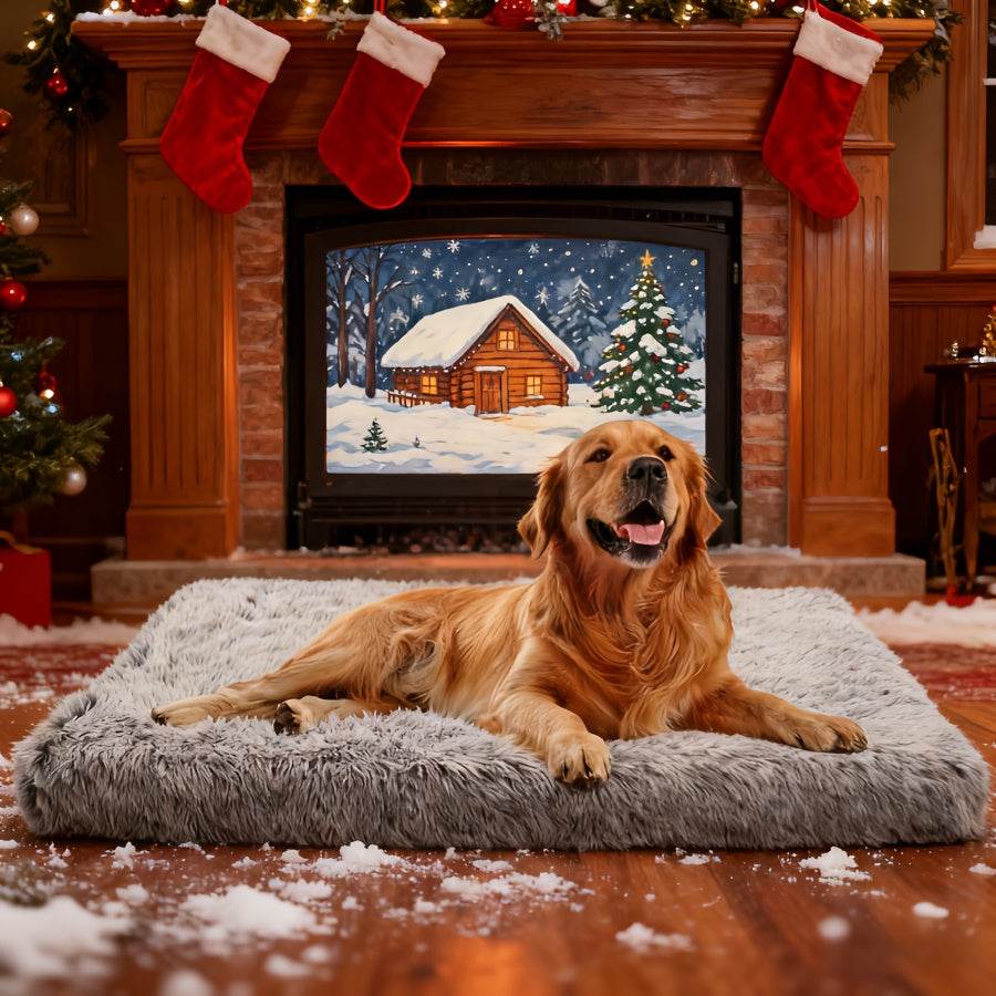 Plush rectangular gray dog bed with large golden retriever lying on it in cozy living room setting