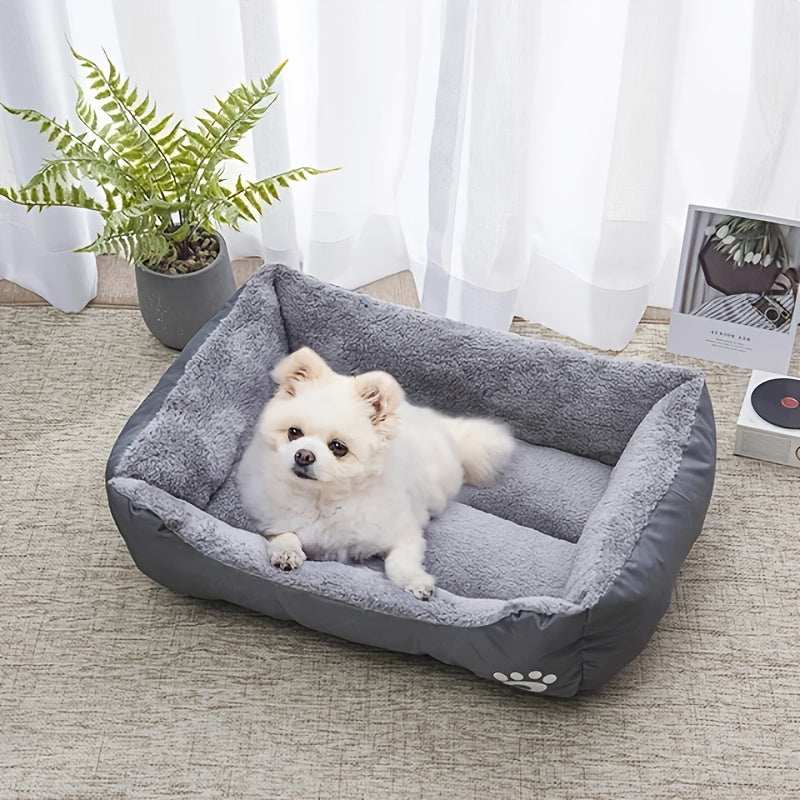Large washable dog bed with paw print design featuring plush rectangular polyester fiber for small pets