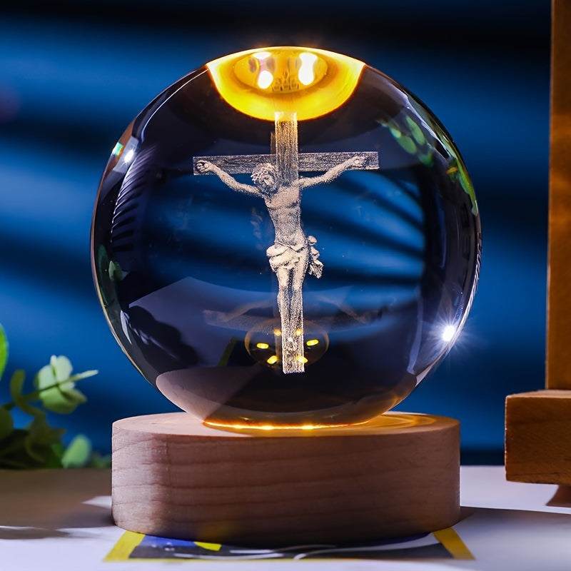 Luminescent crystal ball nightlight with wooden base featuring 3D crucifix design