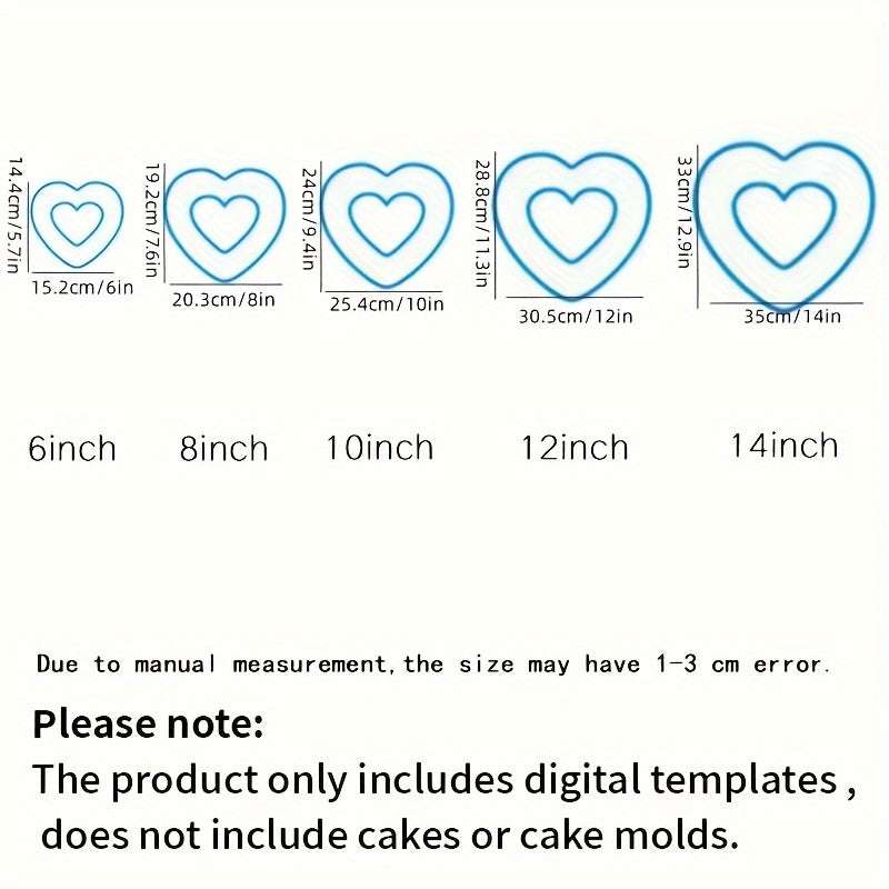 Heart shape cake mold digital templates in 6-14 inch sizes for baking and decorating.