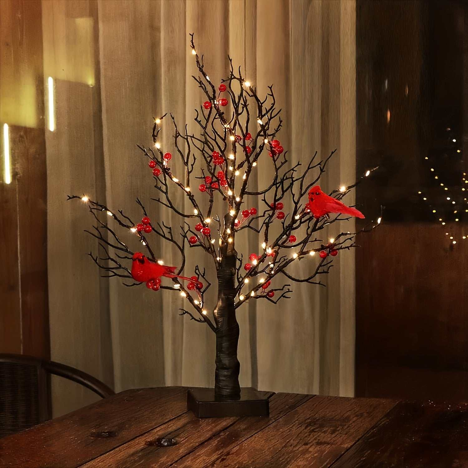 21-inch tabletop decor bonsai tree with 60 LED warm lights, black artificial birch branches, and red bird accents for indoor decoration