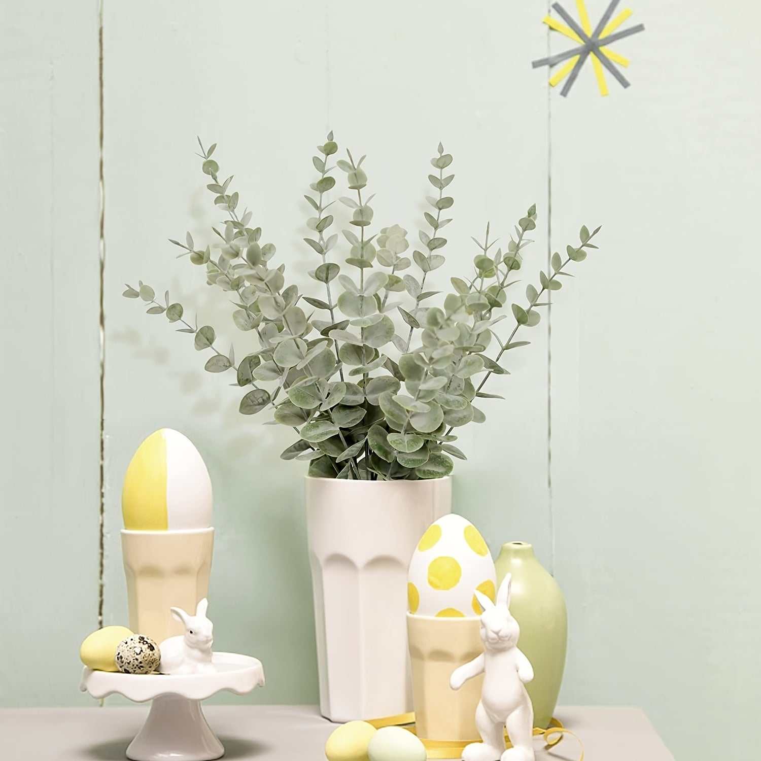 18pcs artificial eucalyptus stems in white vase for home decor and party centerpiece