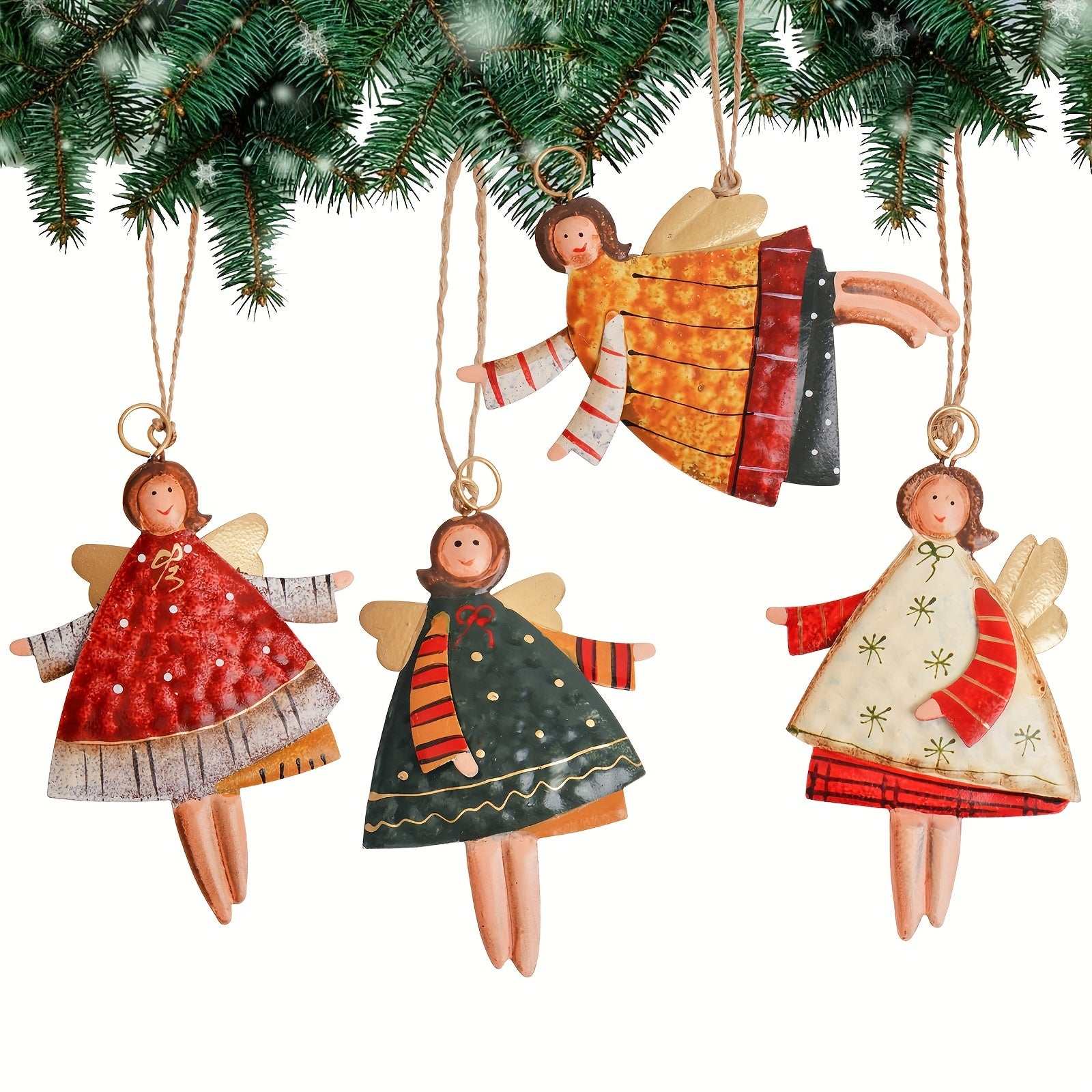 Painted metal angel ornaments in colorful festive dresses hanging from a Christmas tree branch