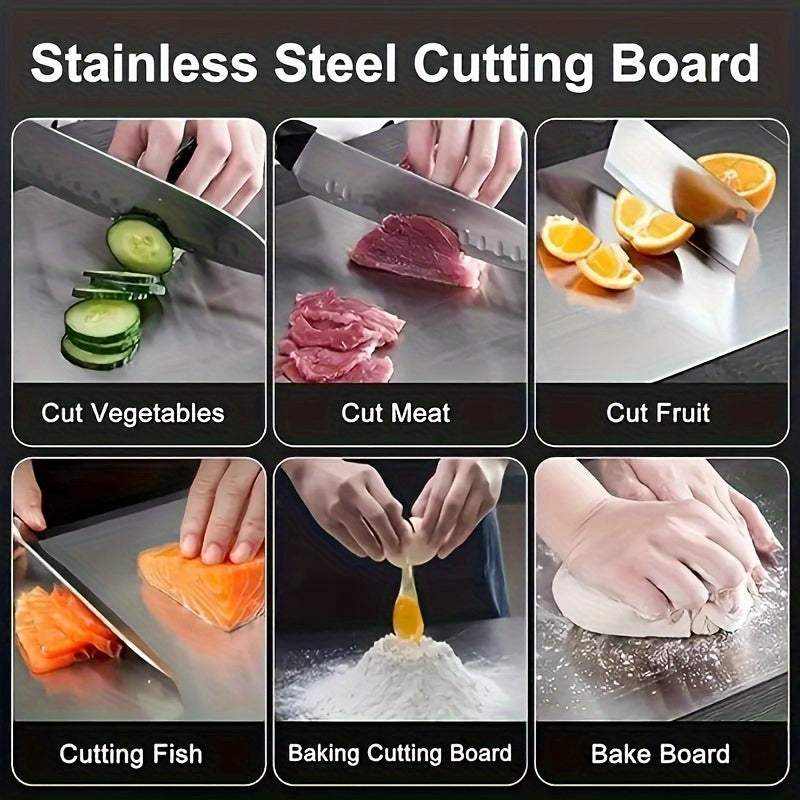 Premium high-quality double-sided stainless steel chopping board cutting vegetables, meat, fruit, fish, and dough safe for kitchen use