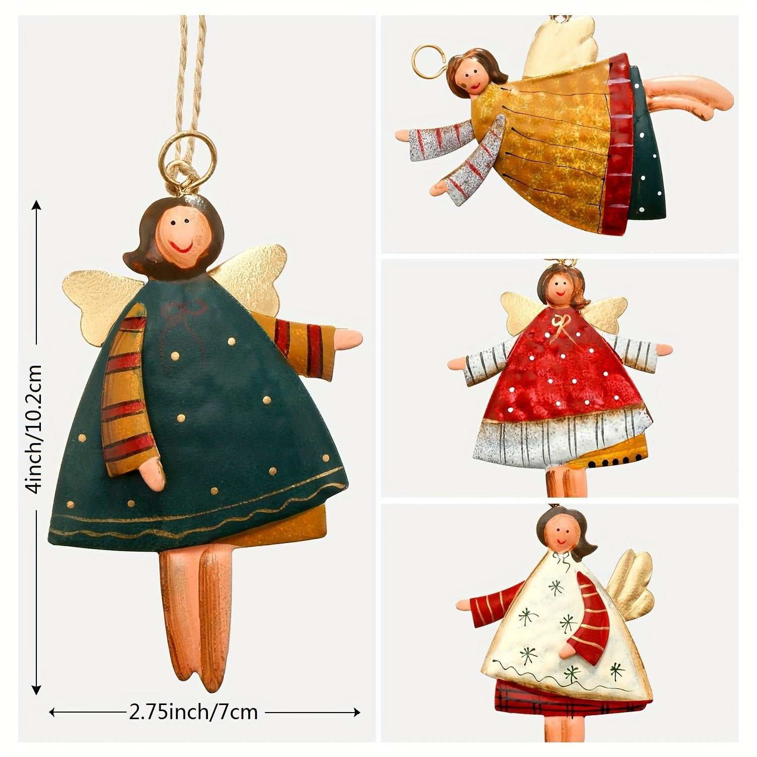 Set of 4 painted metal angel ornaments Christmas tree and holiday decor