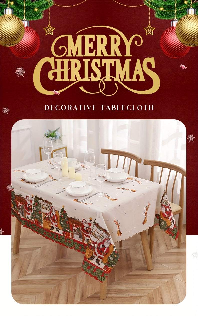 Christmas polyester tablecloth with Santa Claus and snowflake pattern on a dining table