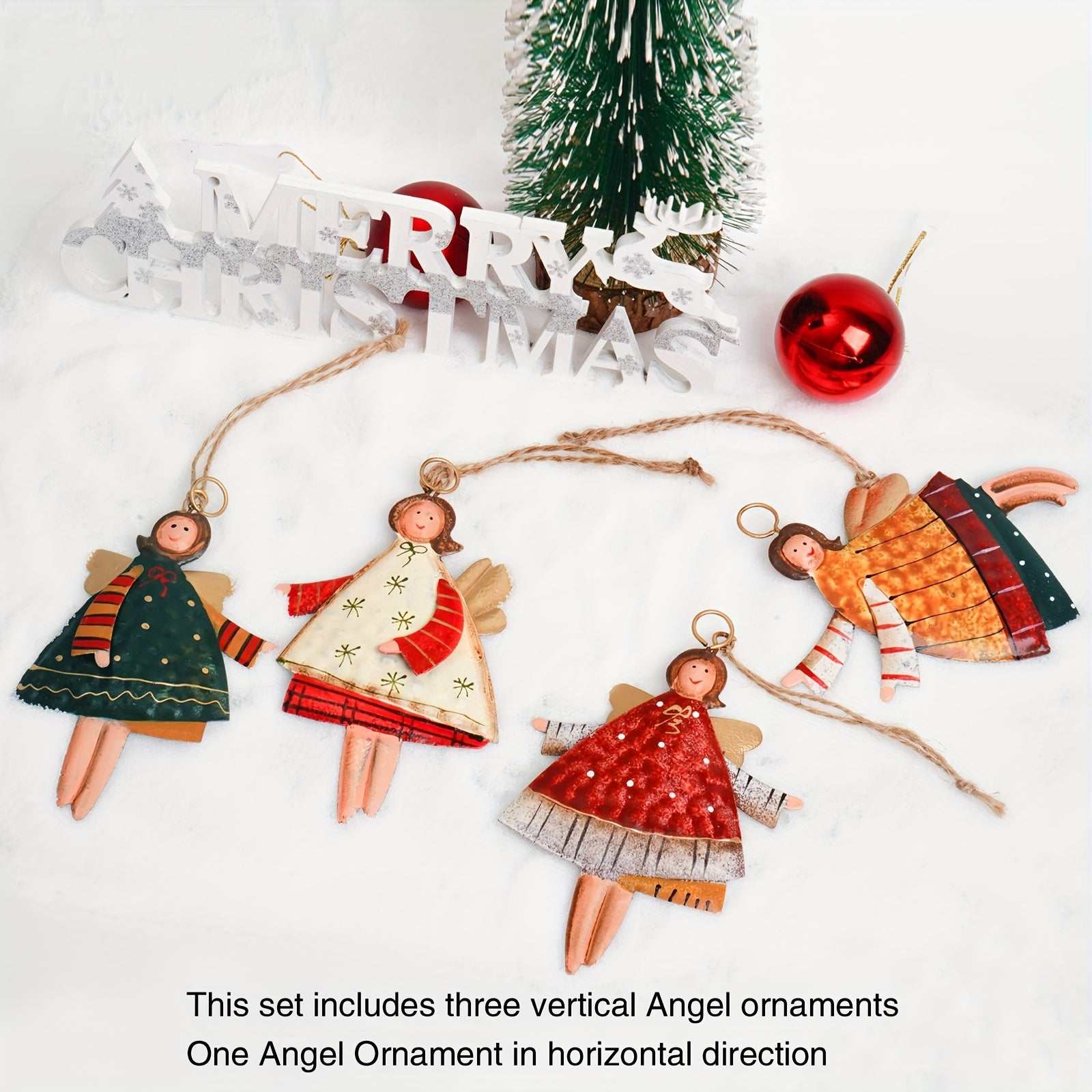 Set of 4 painted metal angel ornaments with vintage Christmas design, ideal for tree and holiday decor