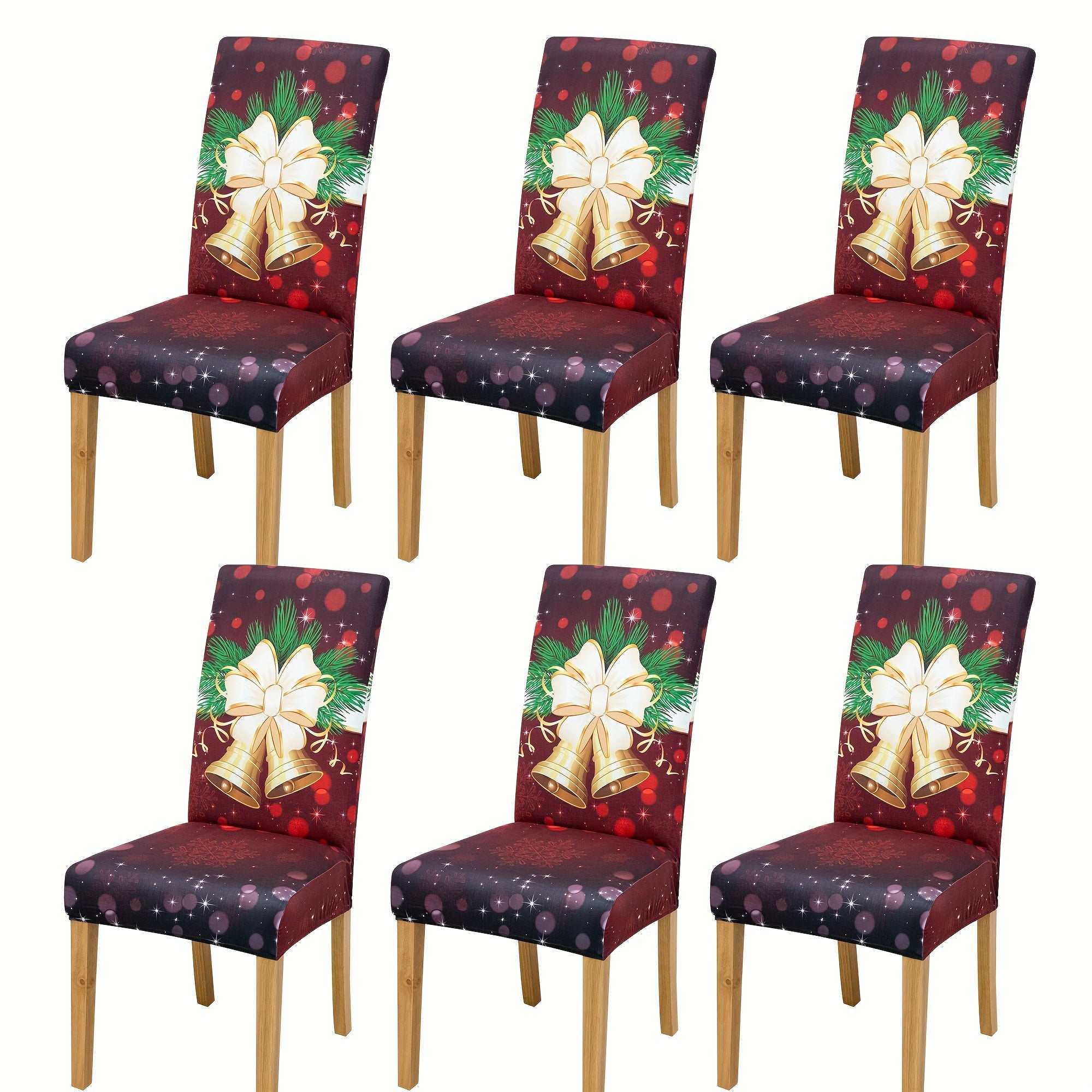 Set of 4 dining chair slipcovers in red milk velvet with elastic closure and Christmas bell pattern