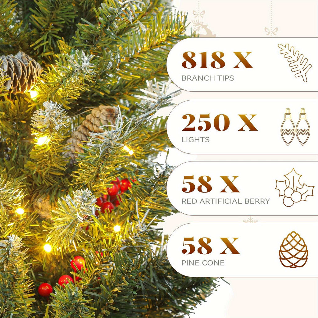 Pre-lit pre-decorated pine artificial Christmas tree with frosted tips, pine cones, red berries, and 250 lights