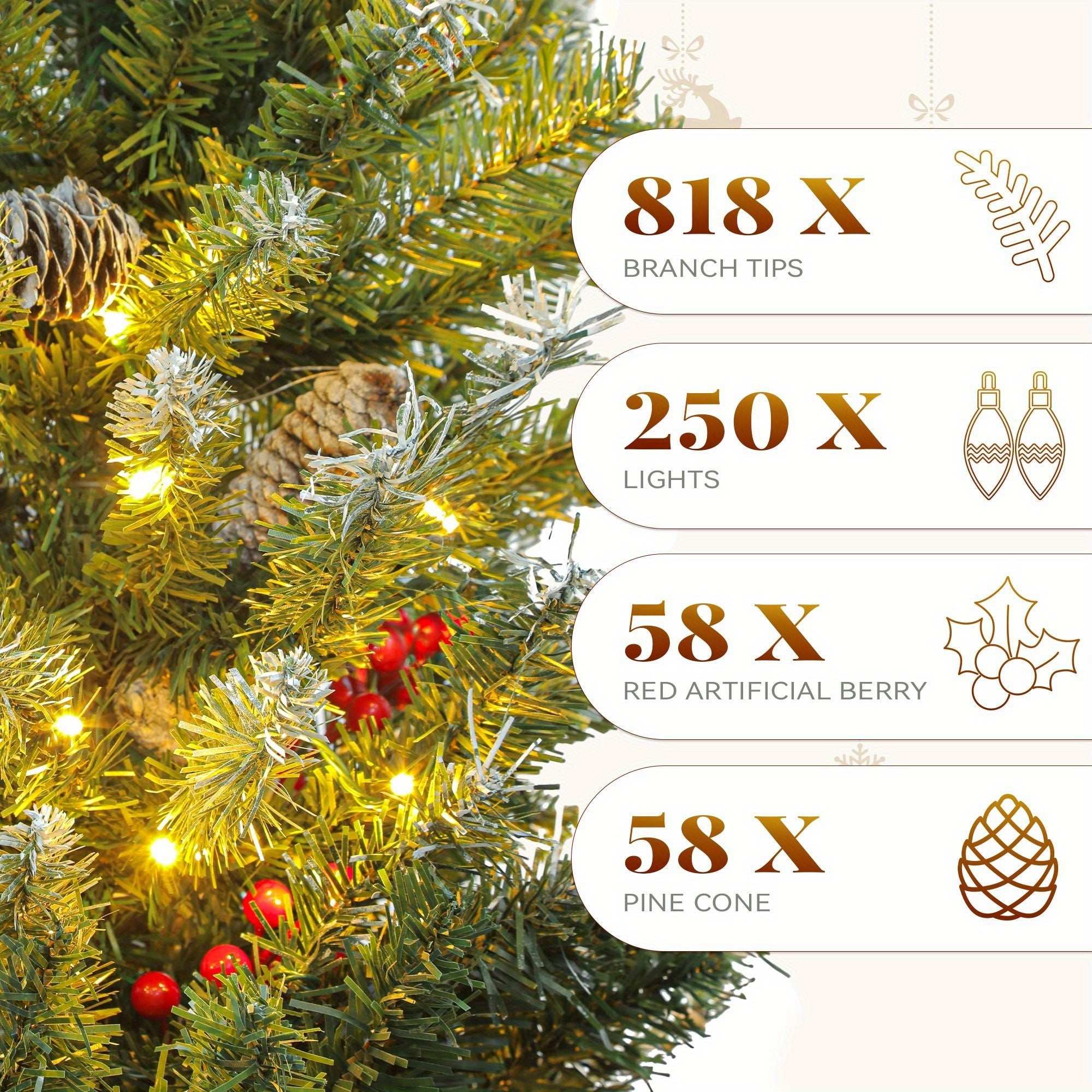 Pre-lit pre-decorated pine artificial Christmas tree with frosted tips, pine cones, red berries, and 250 lights