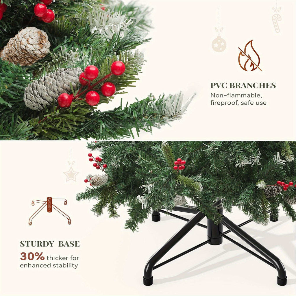 Pre-lit pre-decorated pine artificial Christmas tree with flocked tips, pine cones, red berries, and sturdy metal base for holiday decor