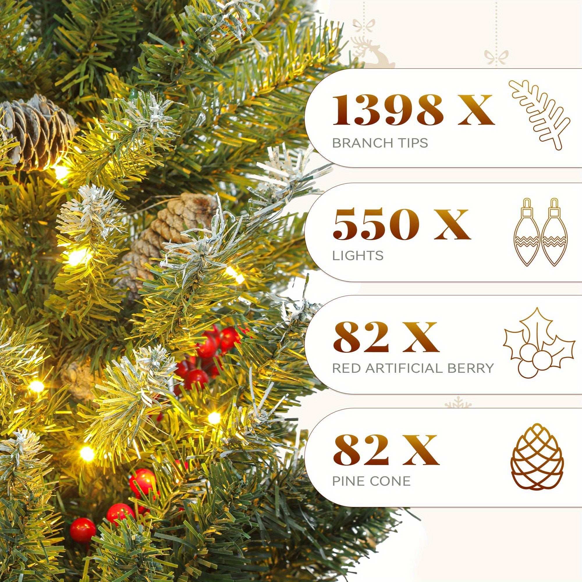 Close-up of pre-lit pre-decorated pine Christmas tree with 1398 branch tips, 550 lights, 82 red artificial berries, and 82 pine cones