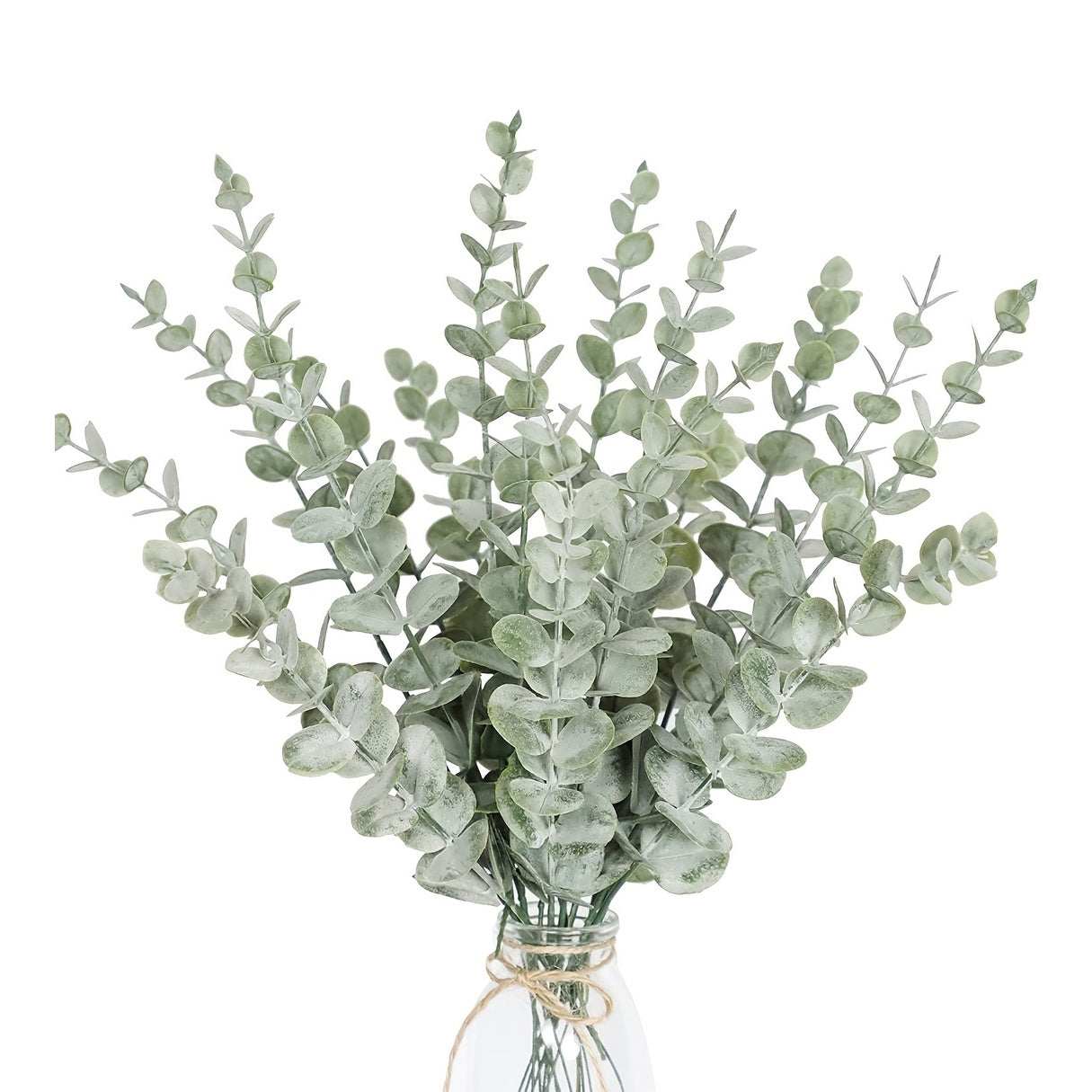 18pcs artificial eucalyptus stems with realistic green leaves in clear vase for home décor and wedding centerpieces