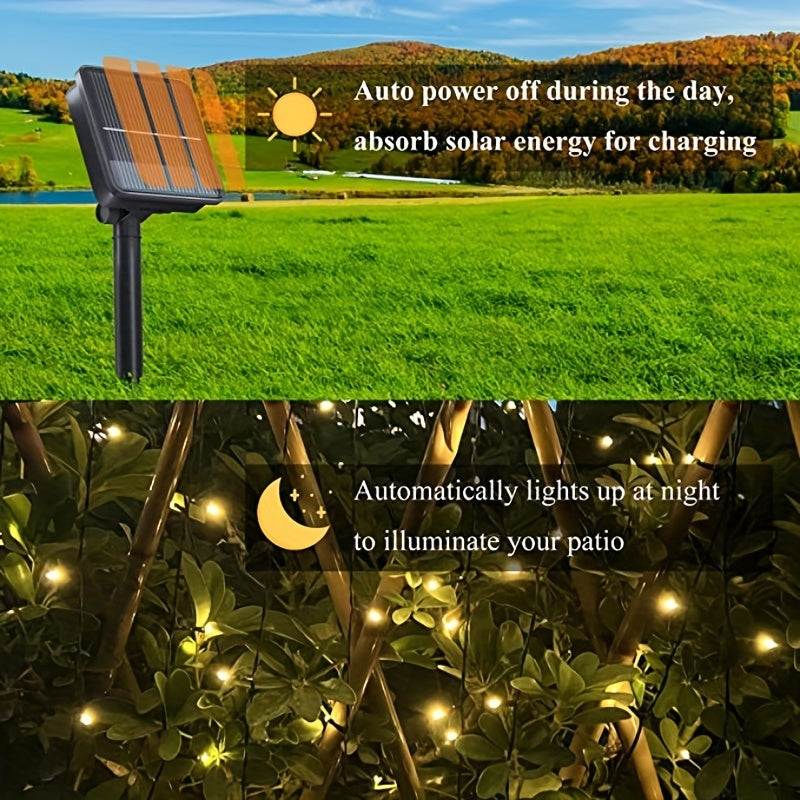 Solar string light with solar panel, automatic night illumination, and 8 lighting modes for outdoor decoration