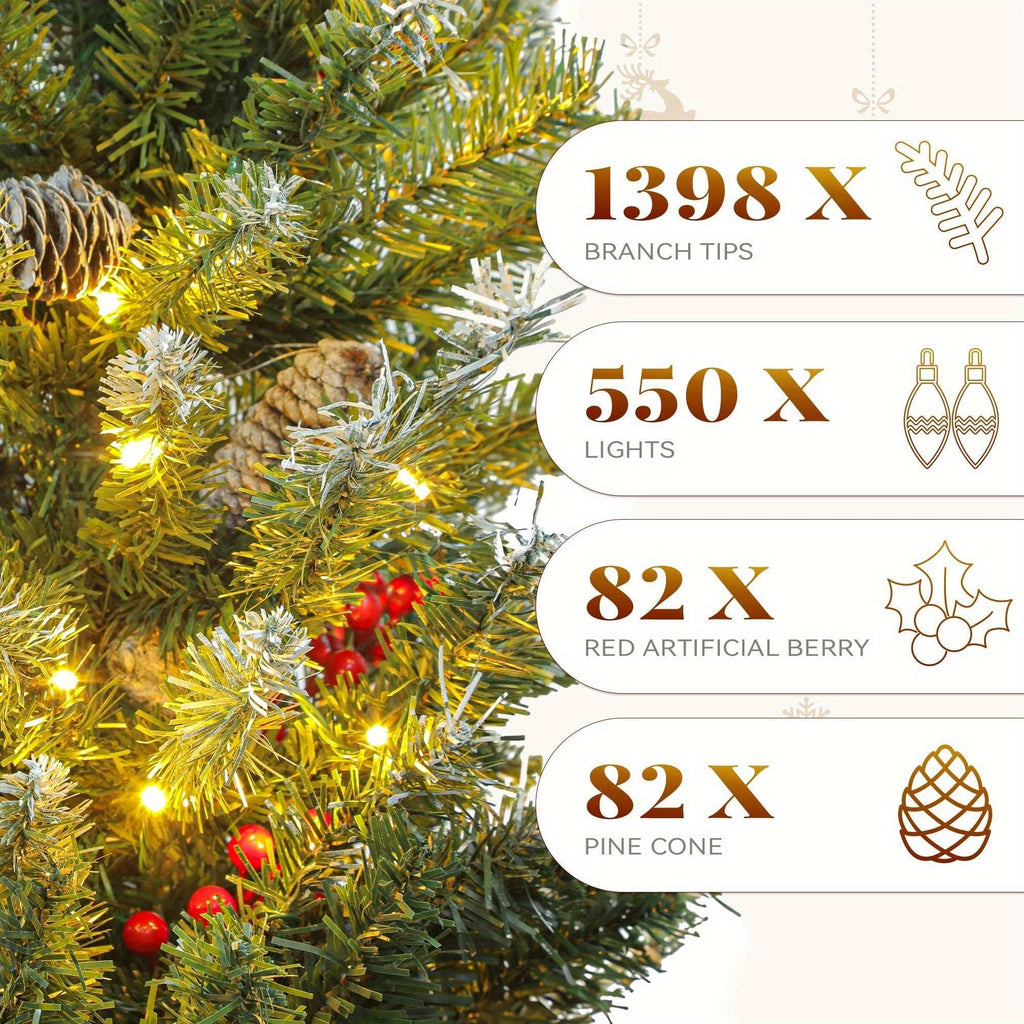 Close-up of pre-lit pre-decorated pine artificial Christmas tree with frosted tips, lights, red berries, and pine cones