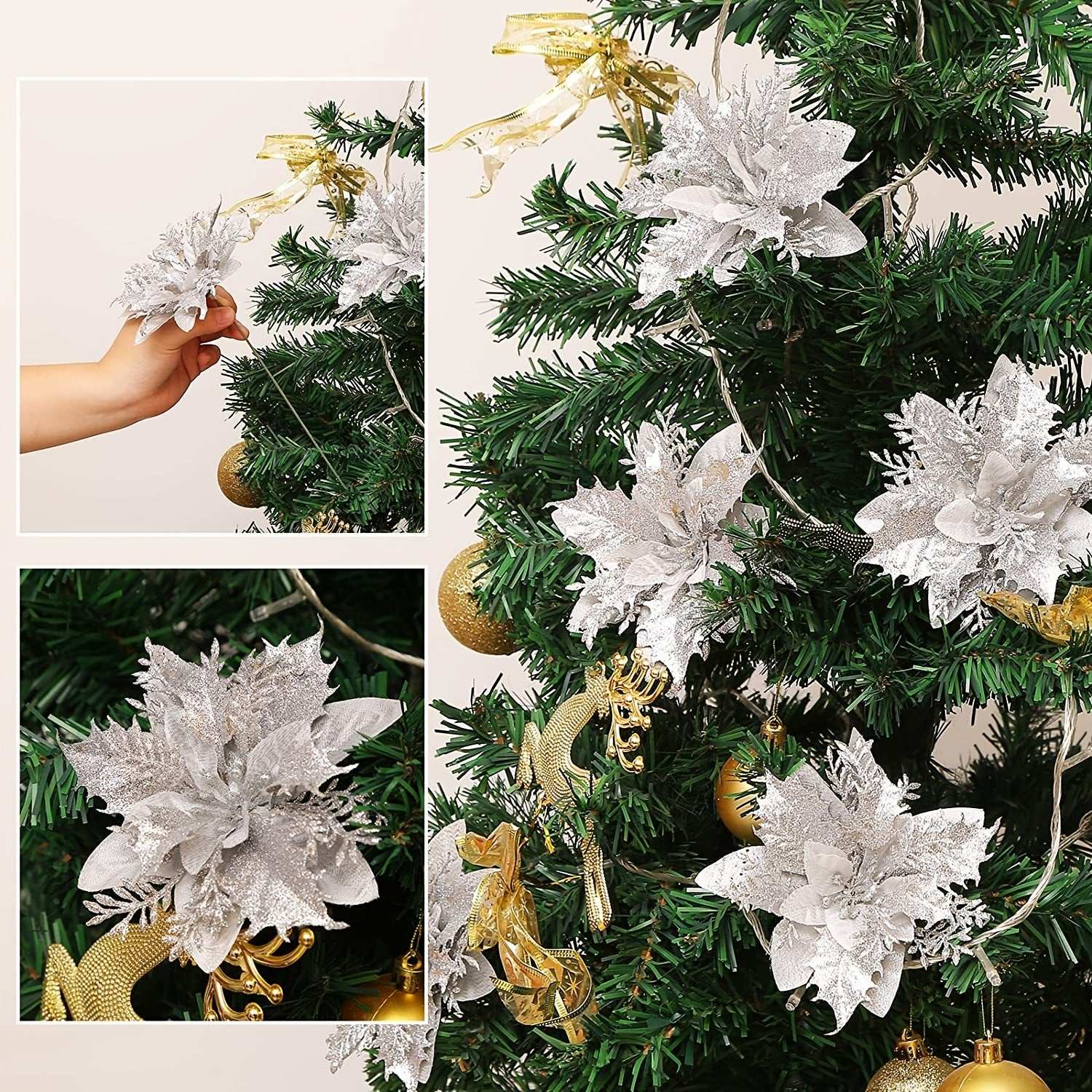20pcs glitter poinsettia artificial flowers decorating a Christmas tree with gold ornaments