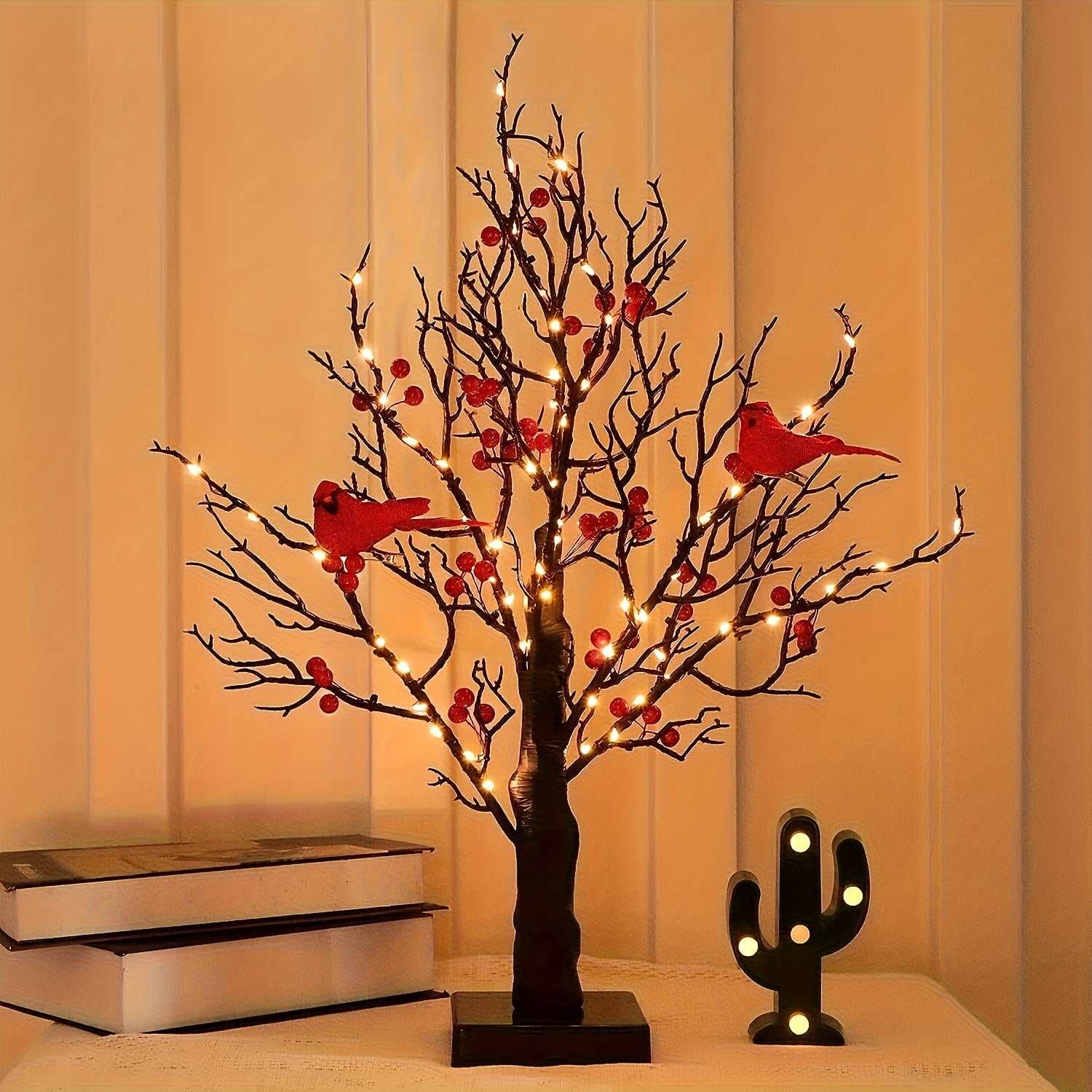21-inch tabletop decor bonsai tree with 60 warm LED lights, black artificial birch branches, and red bird ornaments for indoor home and office decoration