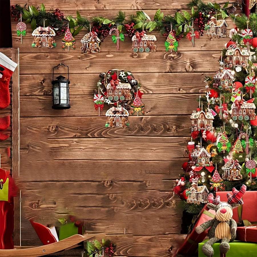 24pcs wooden Christmas decor set with candy, gingerbread house, and tree ornaments hanging on rustic wooden wall and tree for holiday gifting and family parties