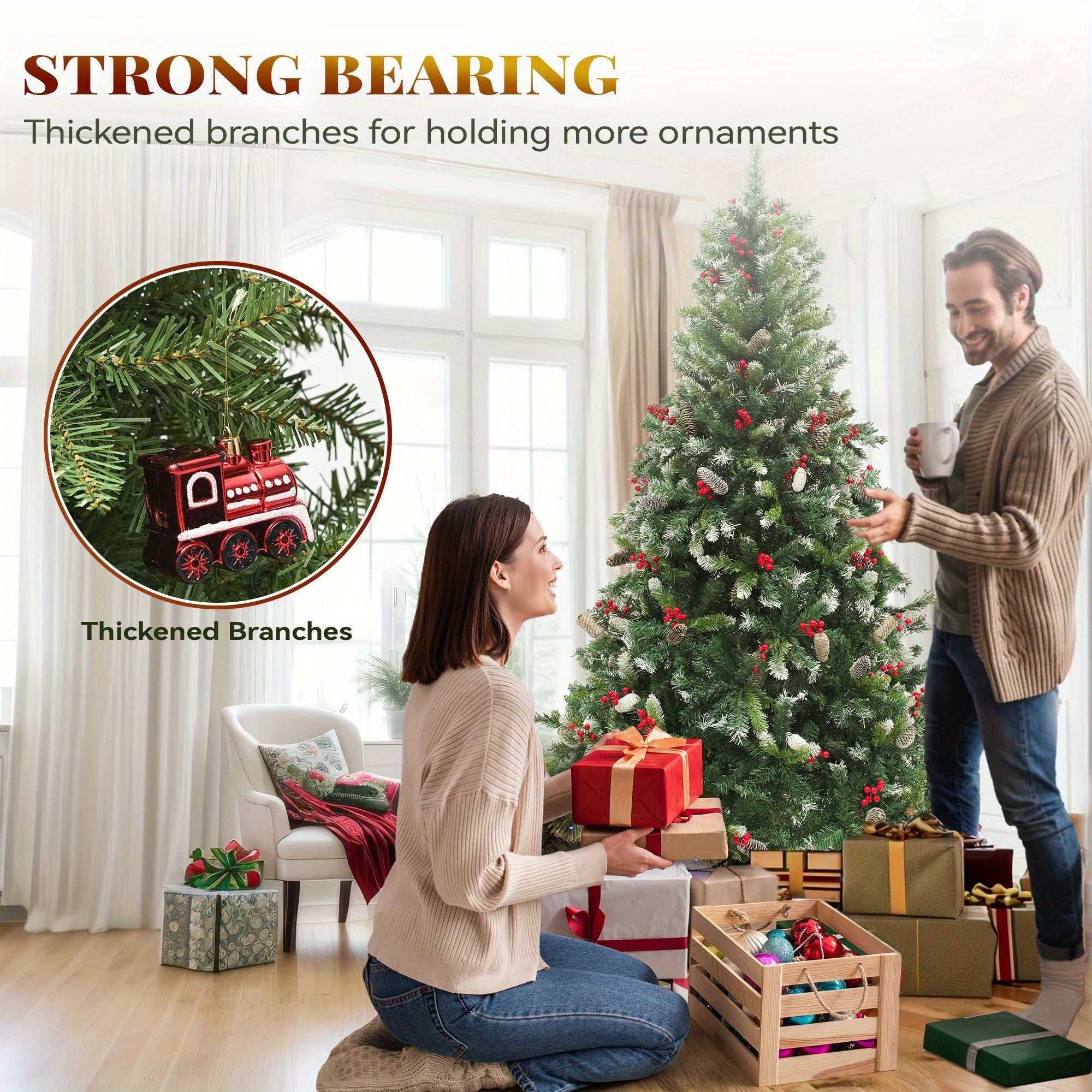 Pre-lit pre-decorated pine artificial Christmas tree with flocked tips, lights, pine cones, and red berries in a cozy living room setting