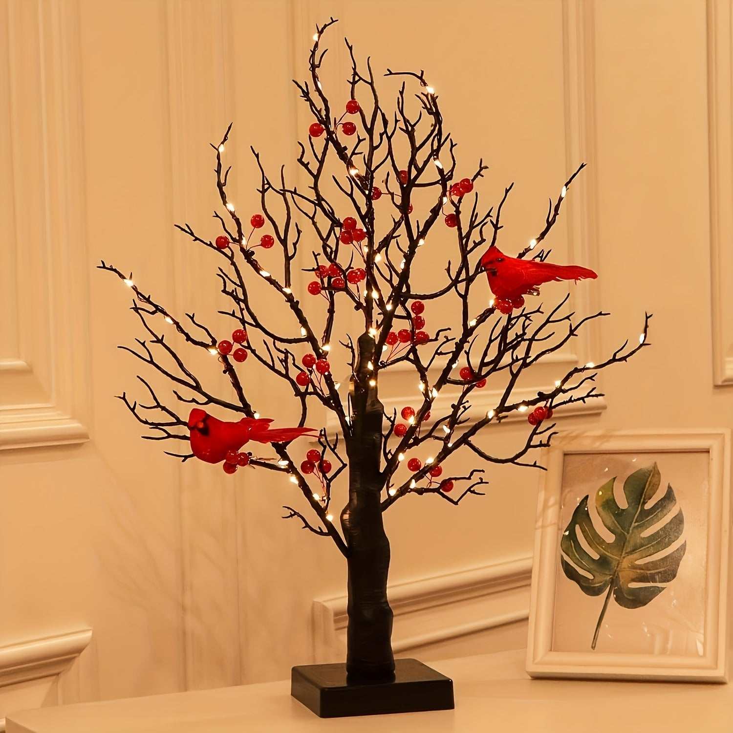 21-inch tabletop decor bonsai tree with 60 LED lights, black artificial birch branches, red bird accents, warm indoor lighting for home and office decor.