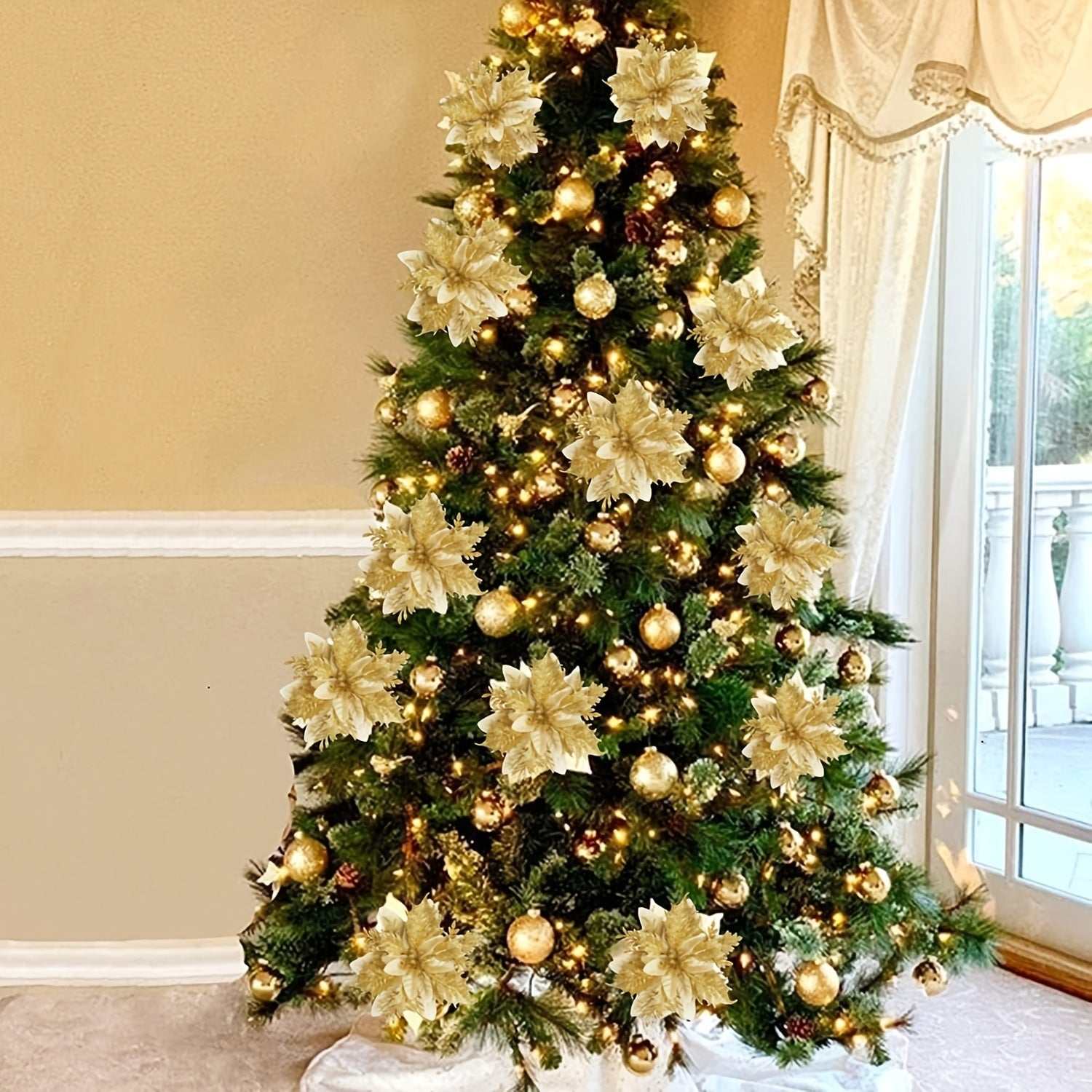 Christmas tree decorated with 20pcs glitter poinsettia artificial flowers and gold ornaments