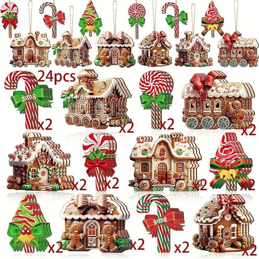 24pcs Christmas decor set with hanging wooden candy canes, gingerbread houses, lollipops, trees, and festive bows for holiday gifting and parties