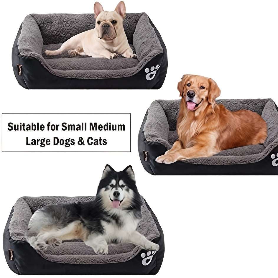Large washable dog bed with paw print design, plush rectangular kennel suitable for small to large dogs and cats, made of durable polyester fiber