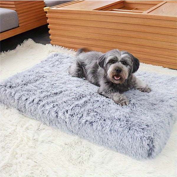 Plush rectangular gray dog bed with non-slip bottom and soft texture, perfect for small to large dogs and cats.