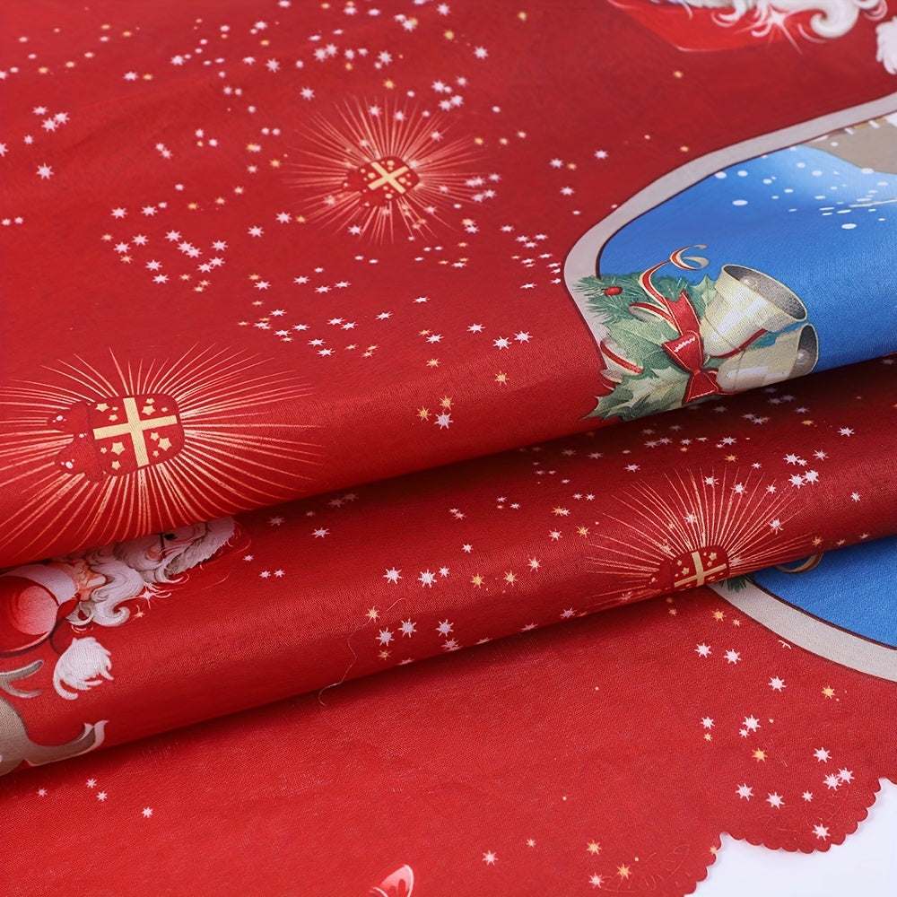 Red polyester tablecloth with Santa Claus and snowflake Christmas pattern for holiday decoration