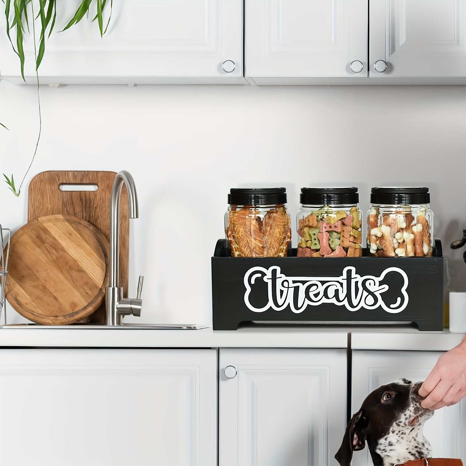 Wooden pet treat station with three plastic jars for dog and cat food storage in farmhouse style organizer on kitchen countertop