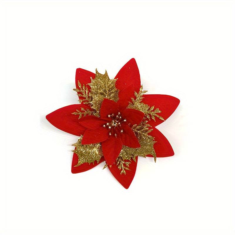 20pcs glitter poinsettia artificial flower Christmas decoration with red petals and gold glitter accents