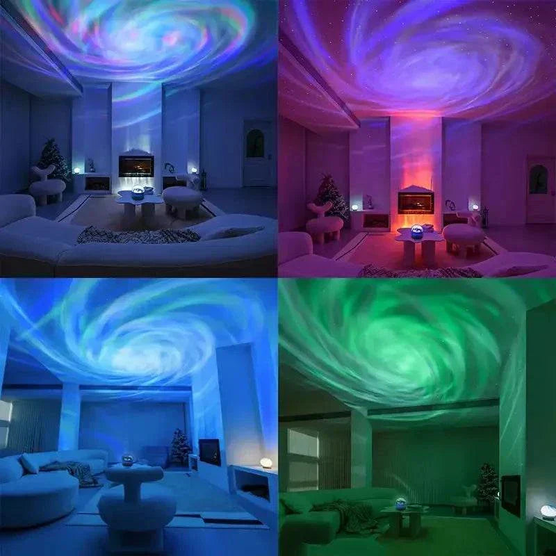 LED Galaxy Projector Light displaying colorful swirling galaxy patterns in living room for ambiance and decoration