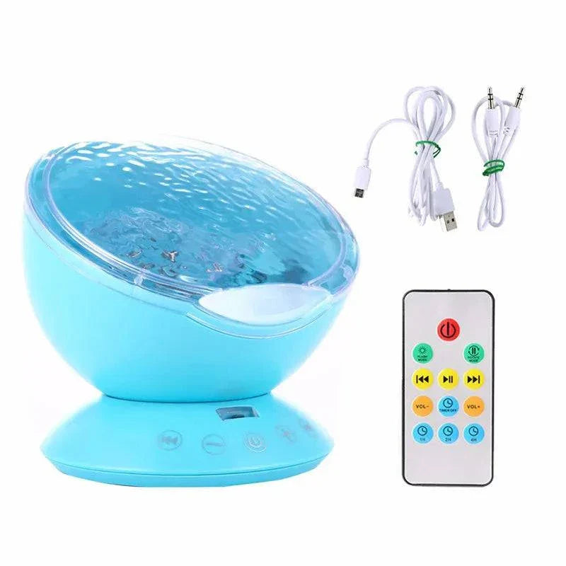 Ocean Wave Night Light projector lamp with remote, USB cable, and music player for kids in blue color