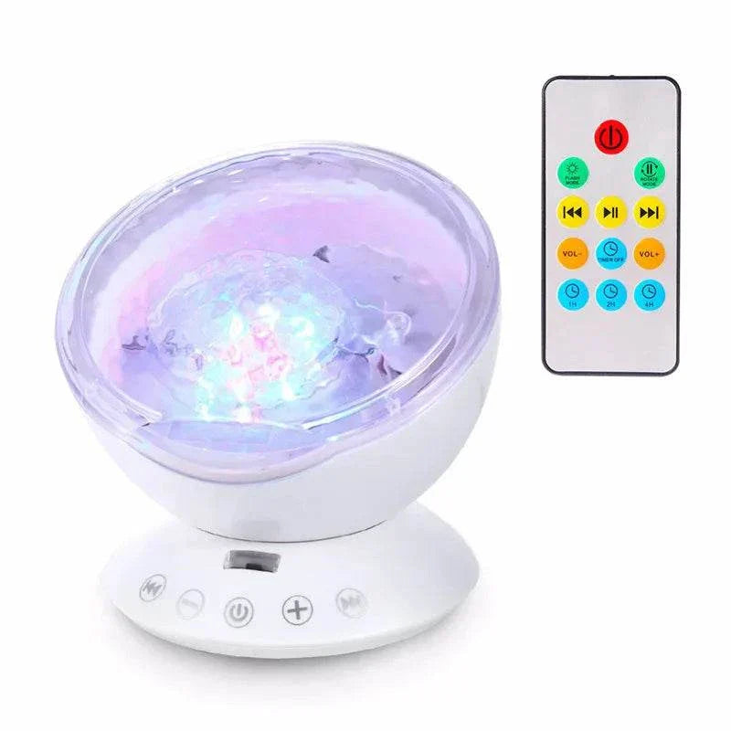 Ocean Wave Night Light projector lamp with remote and USB cable for kids, casting soothing ocean wave patterns.