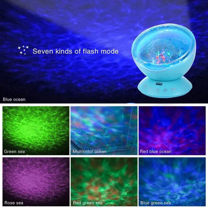 Ocean Wave Night Light projector lamp with seven flash modes displaying blue, green, multicolor, red blue, rose, red green, and blue green ocean wave patterns