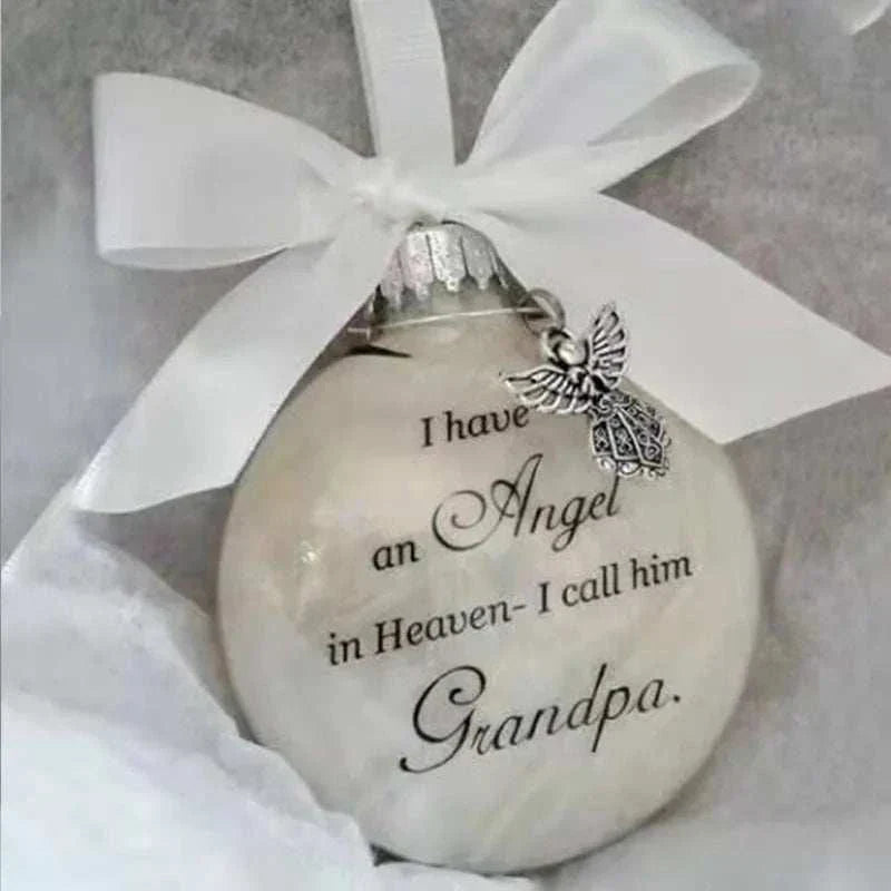 White Christmas memory ball ornament with angel charm and "I have an Angel in Heaven - I call him Grandpa" inscription