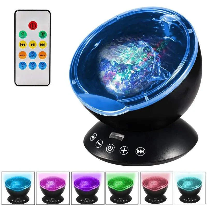 Ocean Wave Night Light projector lamp with remote and USB, color-changing soothing wave patterns for kids room ambiance and relaxation
