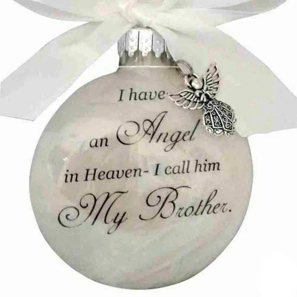 White plastic Christmas Memory Ball ornament with angel charm and memorial text for brother remembrance