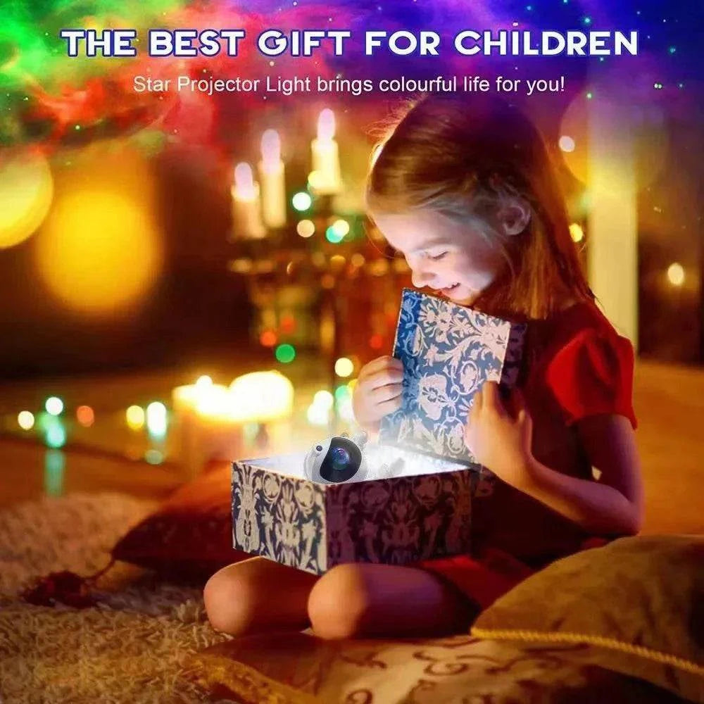 Child opening gift box with Astronaut Galaxy Projector glowing inside, colorful star projector light in background, cozy bedroom setting