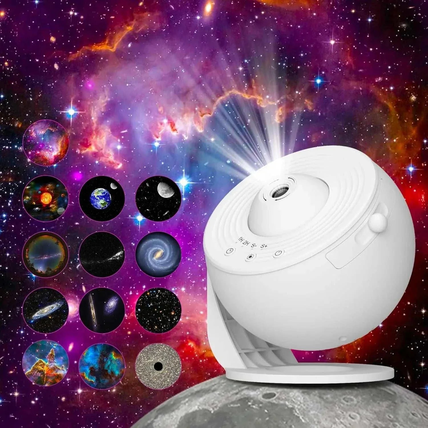 White LED galaxy projector for bedroom with space planetarium night light and multiple celestial patterns