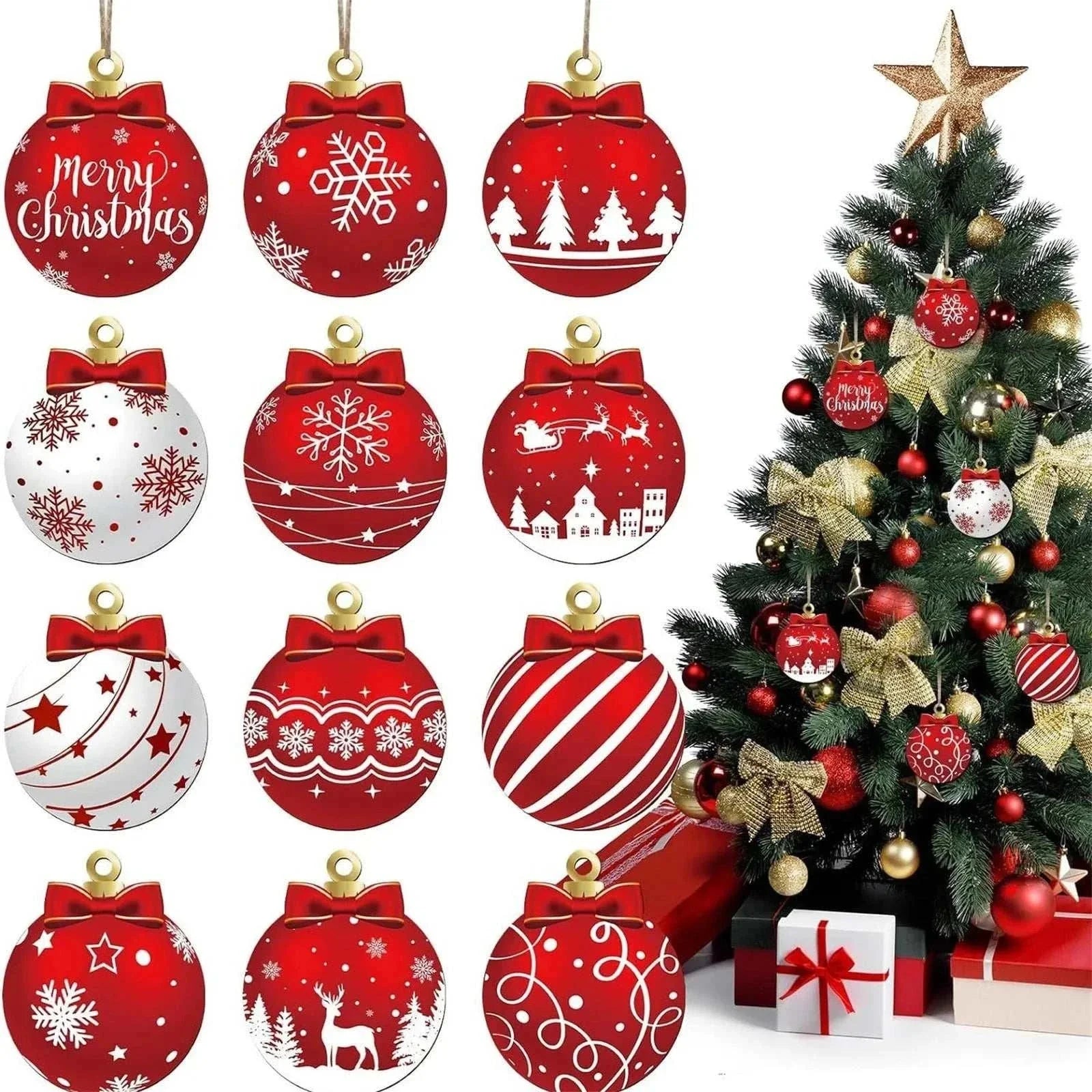 12pcs New Flat Christmas Tree Ornaments red and white wood hanging decorations with festive designs on Christmas tree