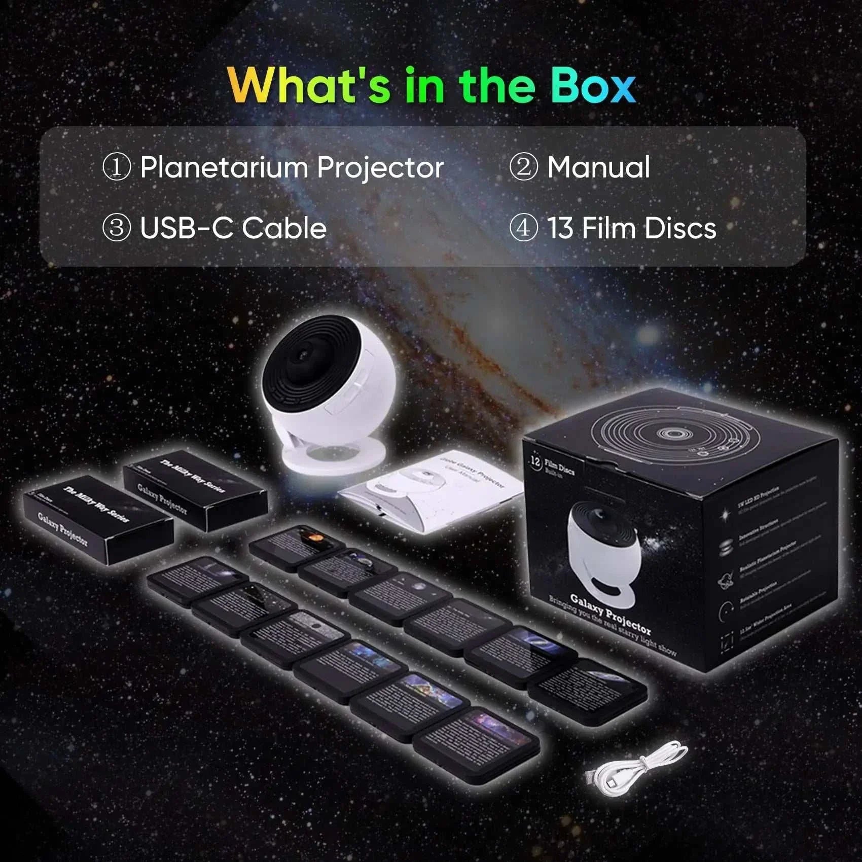 Galaxy projector for bedroom with planetarium lamp, USB-C cable, manual, and 13 film discs for night light decor