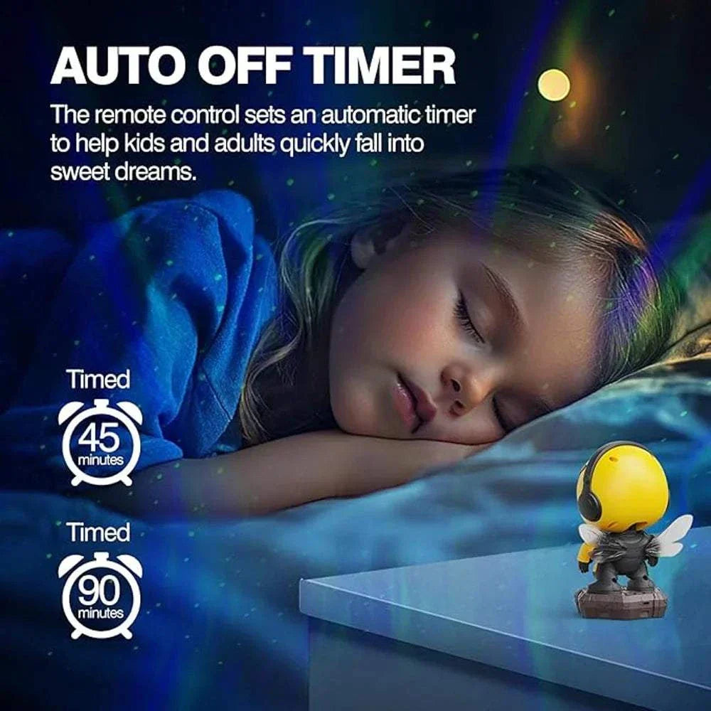 Child sleeping peacefully under starry nebula ceiling projected by Bee Galaxy Star Projector Galaxy Night Light with auto-off timer and remote control
