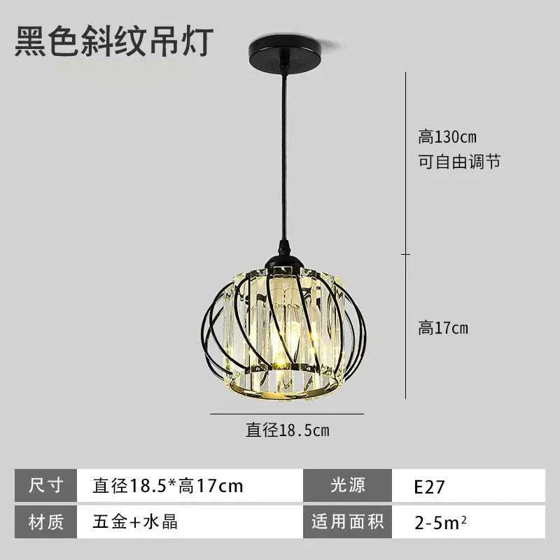 Modern black metal and crystal pendant chandelier with E27 LED bulb for light luxury living room, adjustable 130cm cord, 18.5cm diameter, 17cm height