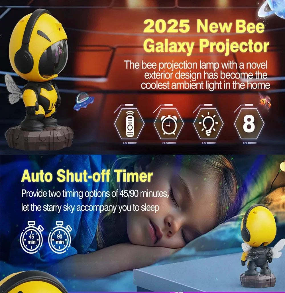 Bee Galaxy Star Projector Galaxy Night Light with auto shut-off timer and novel bee design for kids room decor