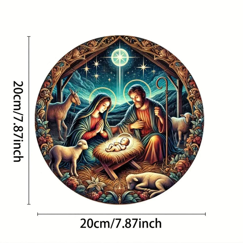 Round aluminum nativity scene plaque with Holy Family and animals in a starry night setting, 8-inch Christmas wall decor